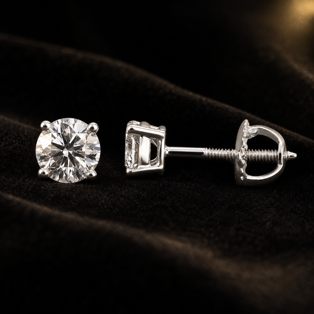 Blacknest Vault diamond stud earring and screw back on black velvet