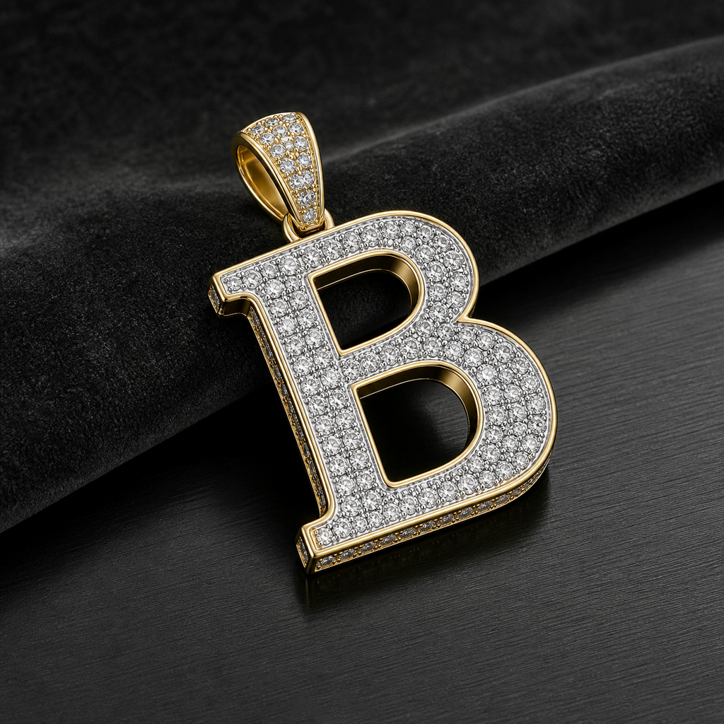 Concept rendering of The Vault Initial Pendant with pavé diamonds and gold finish
