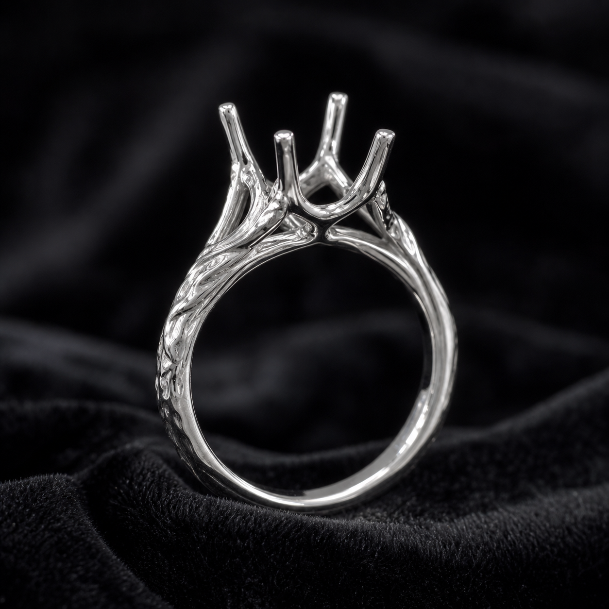 Blacknest Vault organic cathedral engagement ring setting in solid white gold or platinum