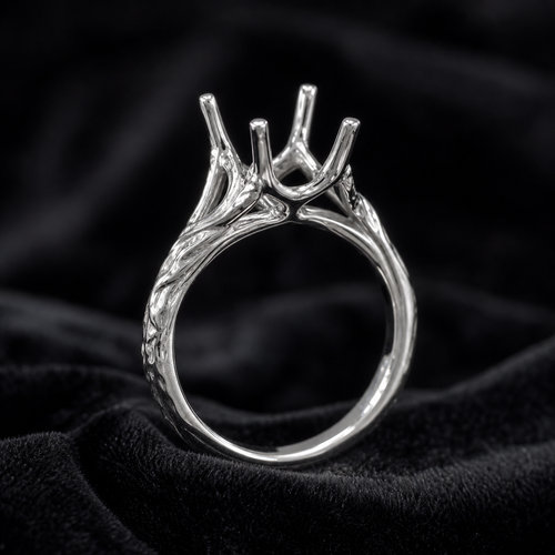 Blacknest Vault organic cathedral engagement ring setting in solid white gold or platinum