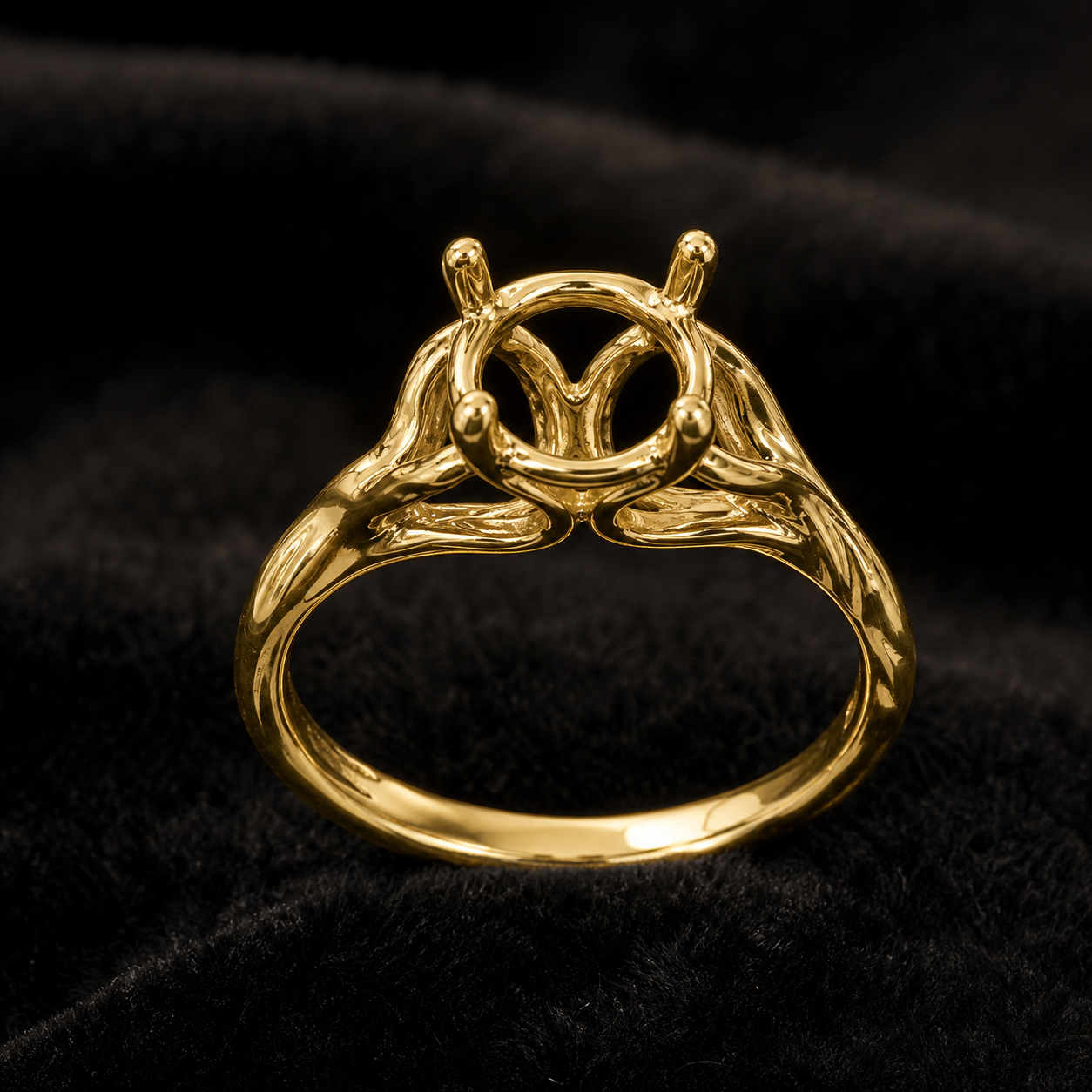 Blacknest Vault organic cathedral engagement ring setting in solid yellow gold