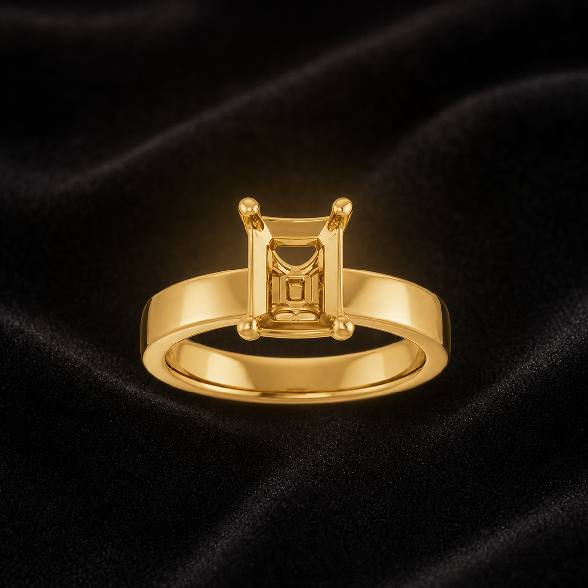 Blacknest Vault yellow gold ring setting on black velvet