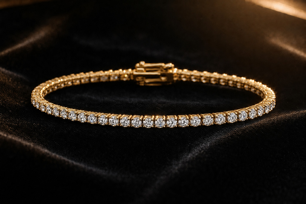 Blacknest Vault yellow gold diamond tennis bracelet on black velvet