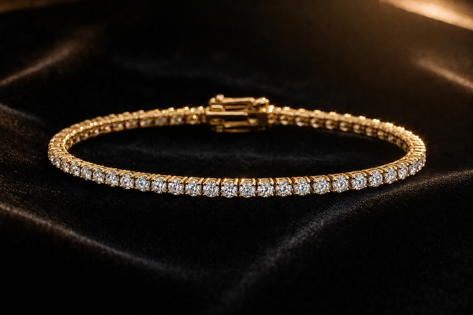 Blacknest Vault yellow gold diamond tennis bracelet on black velvet