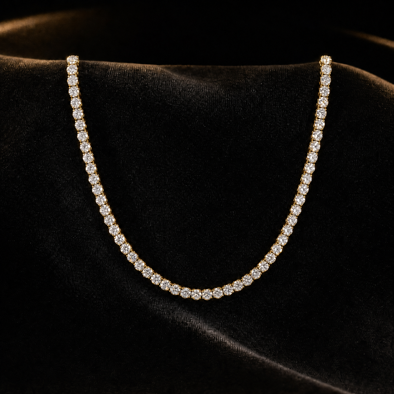 Blacknest Vault yellow gold diamond tennis chain on black velvet